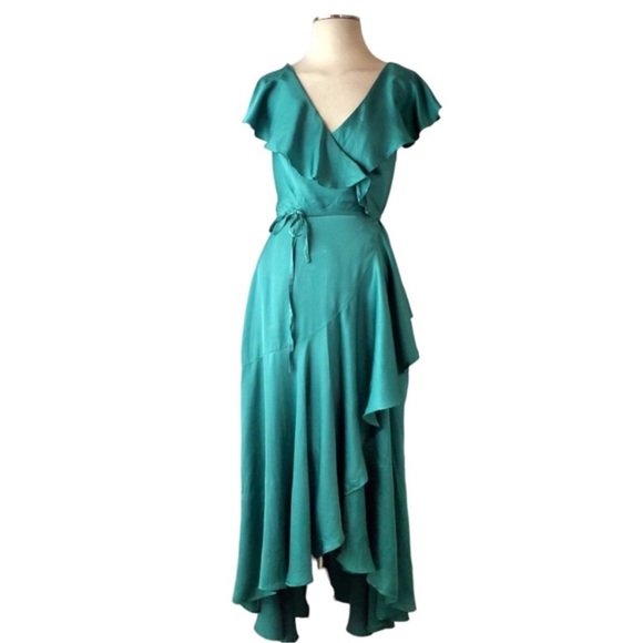 Anthropologie Ruffle Sleeve Maxi Wrap Dress Green Emerald size Small - Picture 3 of 10